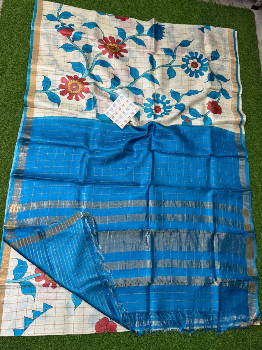 Pure Handloom Tussar Silk Hand Painted Pen Kalmakari Saree